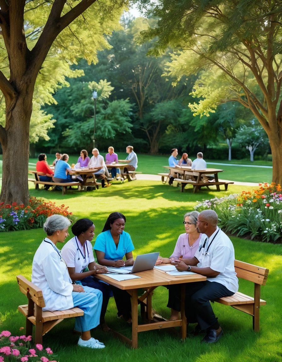 A warm and inviting scene depicting a diverse group of healthcare professionals and patients engaged in a supportive conversation in a serene park setting, surrounded by lush greenery and colorful flowers. Include books, pamphlets, and a laptop on a picnic table, representing resources for patient advocacy. A soft light filtering through the trees adds a calming ambiance. super-realistic. vibrant colors. peaceful atmosphere.