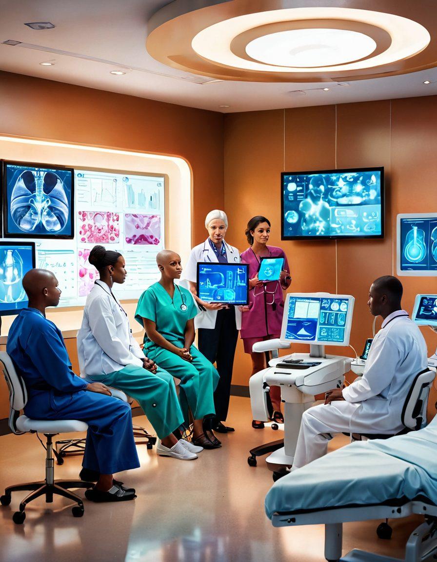 A hopeful scene featuring a diverse group of medical professionals and patients discussing innovative cancer treatment options, surrounded by advanced technology and medical equipment. Include elements like futuristic devices, charts of progress, and visuals of healthy lifestyle choices. The background should convey a healing environment with soft, warm colors. super-realistic. vibrant colors. warm lighting.